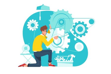 Engineer Adjusting Gears, vector illustration. Scene depicts mechanical innovation, creativity in engineering.